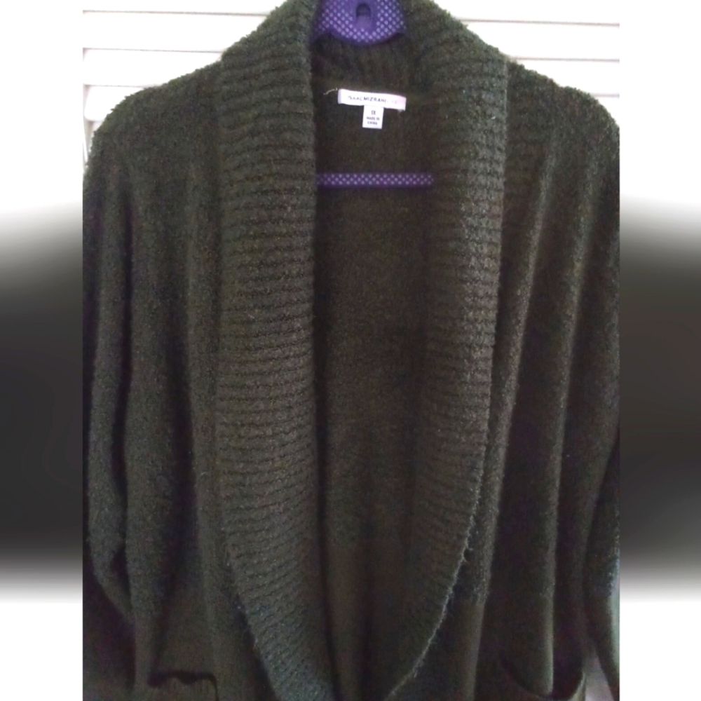Isaac Mizrahi Live Mixed Media Olive Shawl Collar Cardigan SZ 1x
